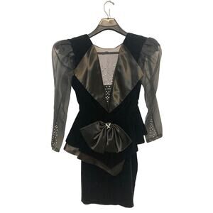 Vintage 80’s Karen Okada for David Howard Velvet Black Sequin Bow Skirt Set Suit